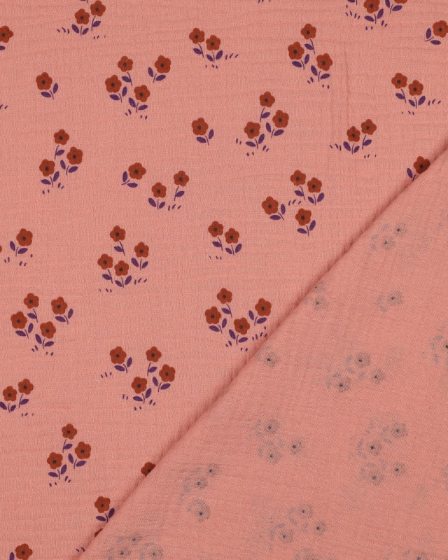Tissu Double Gaze Pêche Petites Fleurs - Mercerine