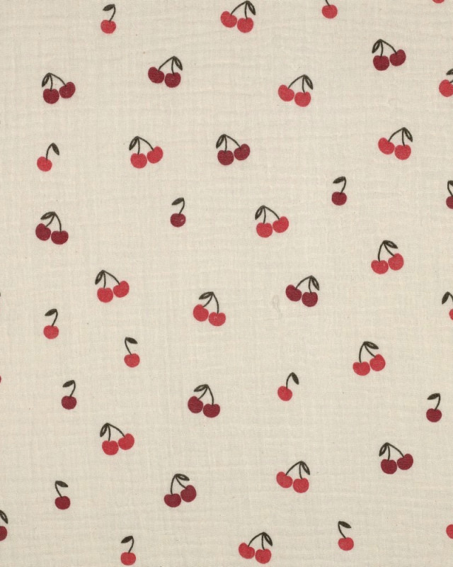 Tissu Double Gaze Ecru Petites Cerises - Mercerine