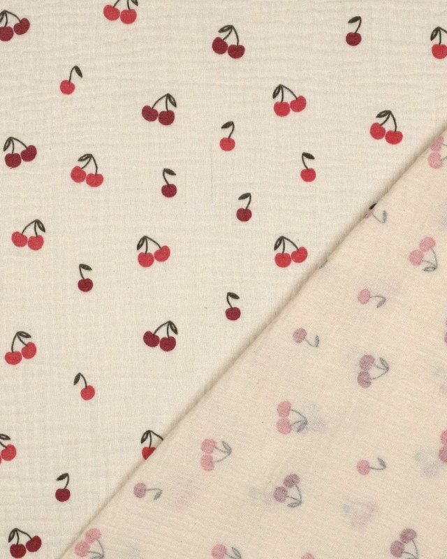 Tissu Double Gaze Ecru Petites Cerises - Mercerine