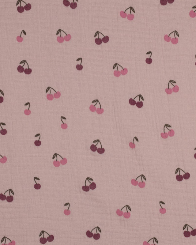 Tissu Double Gaze Vieux Rose Petites Cerises - Mercerine