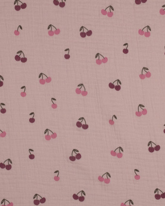 Tissu Double Gaze Vieux Rose Petites Cerises - Mercerine