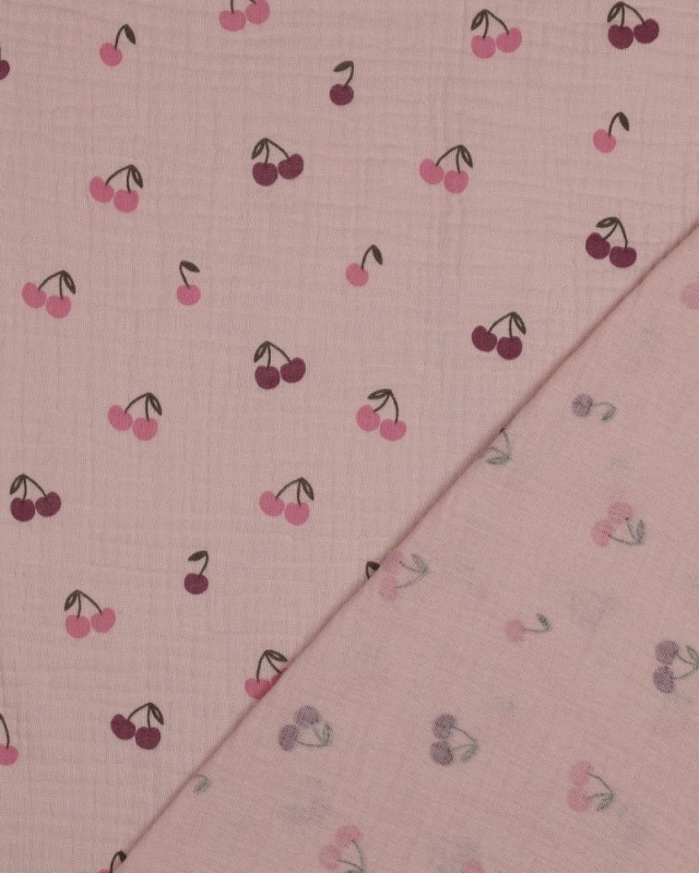 Tissu Double Gaze Vieux Rose Petites Cerises - Mercerine
