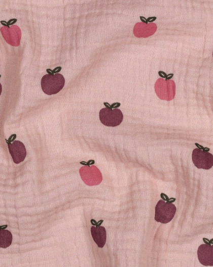 Tissu Double Gaze Rose Poudré Petites Pommes - Mercerine
