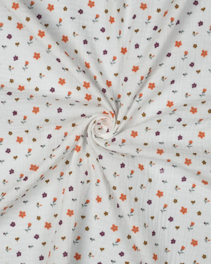 Double Gaze Blanche Petites Fleurs Oranges et Prunes - Mercerine