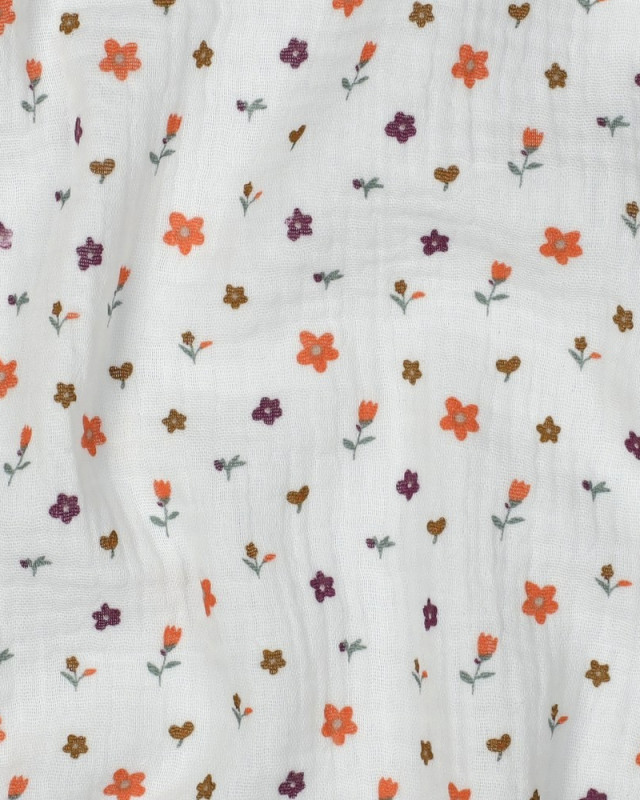 Double Gaze Blanche Petites Fleurs Oranges et Prunes - Mercerine