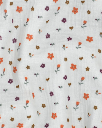 Double Gaze Blanche Petites Fleurs Oranges et Prunes - Mercerine