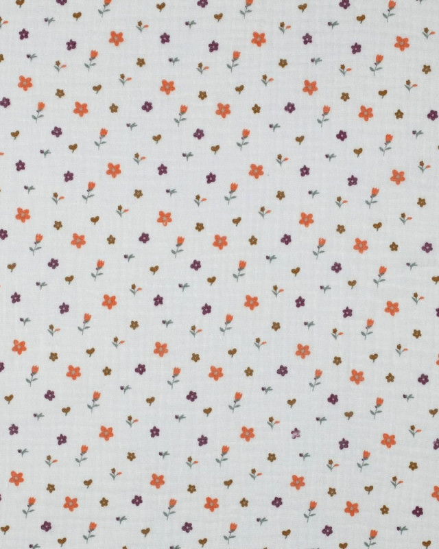 Double Gaze Blanche Petites Fleurs Oranges et Prunes - Mercerine