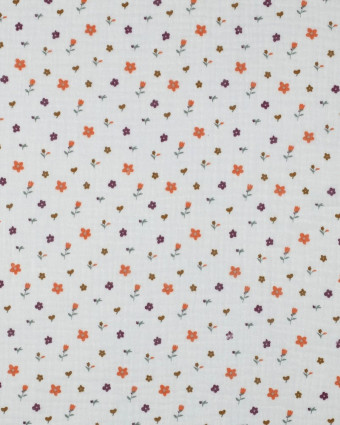 Double Gaze Blanche Petites Fleurs Oranges et Prunes - Mercerine