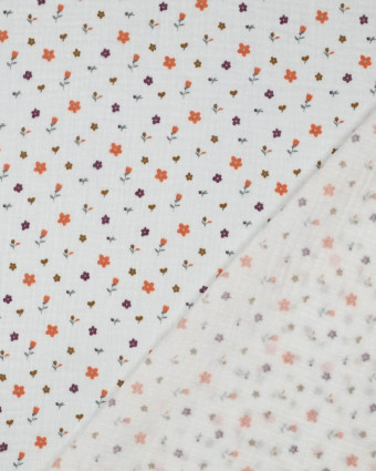 Double Gaze Blanche Petites Fleurs Oranges et Prunes - Mercerine