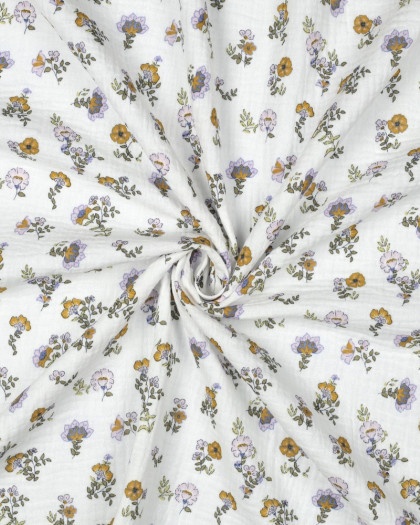 Double Gaze Blanche Motif Fleuri Ocre et Lilas - Mercerine