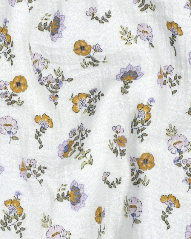 Double Gaze Blanche Motif Fleuri Ocre et Lilas - Mercerine