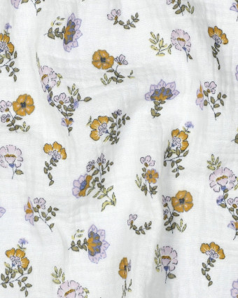 Double Gaze Blanche Motif Fleuri Ocre et Lilas - Mercerine