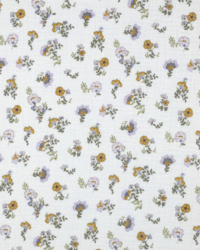 Double Gaze Blanche Motif Fleuri Ocre et Lilas - Mercerine