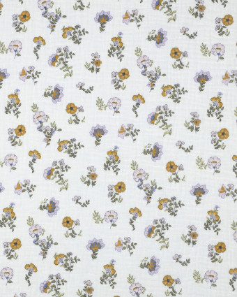 Double Gaze Blanche Motif Fleuri Ocre et Lilas - Mercerine