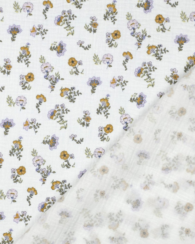 Double Gaze Blanche Motif Fleuri Ocre et Lilas - Mercerine