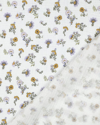 Double Gaze Blanche Motif Fleuri Ocre et Lilas - Mercerine