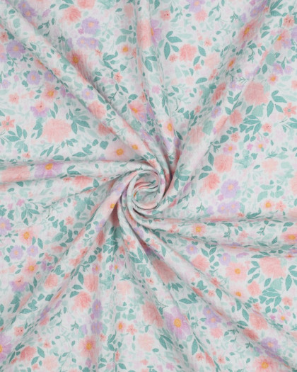Tissu Double Gaze Motif Fleuri Bleu Vert et Rose - Mercerine