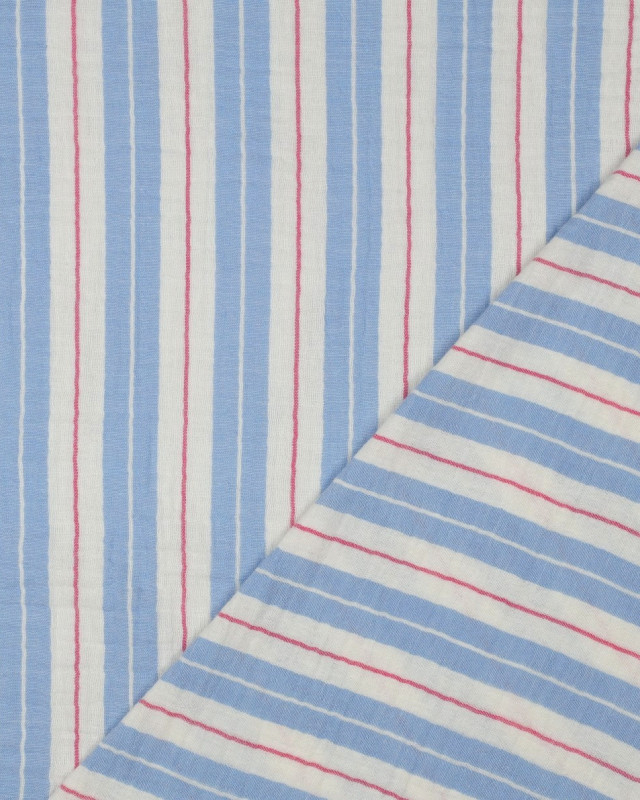 Tissu Double Gaze Rayures  Bleu Ciel - Mercerine