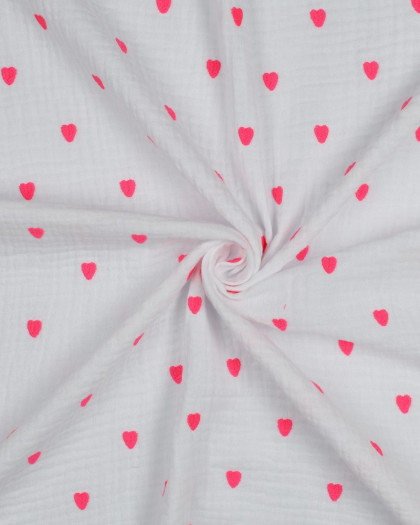 Tissu Double Gaze Brodé Blanc Cœur Rose Fluo - Mercerine
