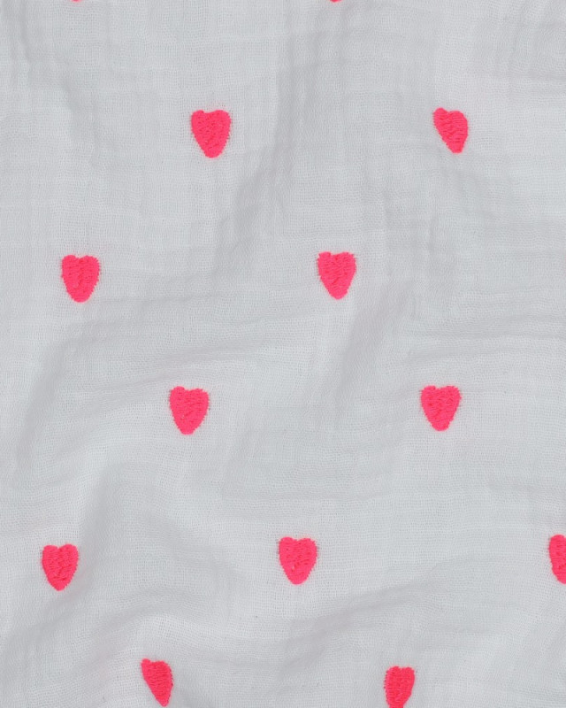Tissu Double Gaze Brodé Blanc Cœur Rose Fluo - Mercerine