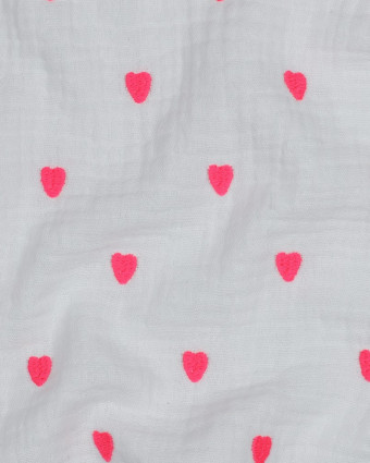 Tissu Double Gaze Brodé Blanc Cœur Rose Fluo - Mercerine