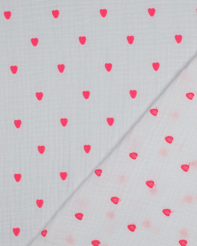 Tissu Double Gaze Brodé Blanc Cœur Rose Fluo - Mercerine