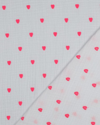 Tissu Double Gaze Brodé Blanc Cœur Rose Fluo - Mercerine