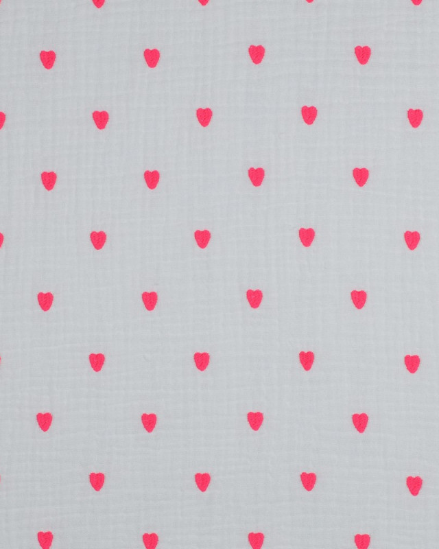 Tissu Double Gaze Brodé Blanc Cœur Rose Fluo - Mercerine