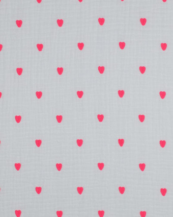 Tissu Double Gaze Brodé Blanc Cœur Rose Fluo - Mercerine