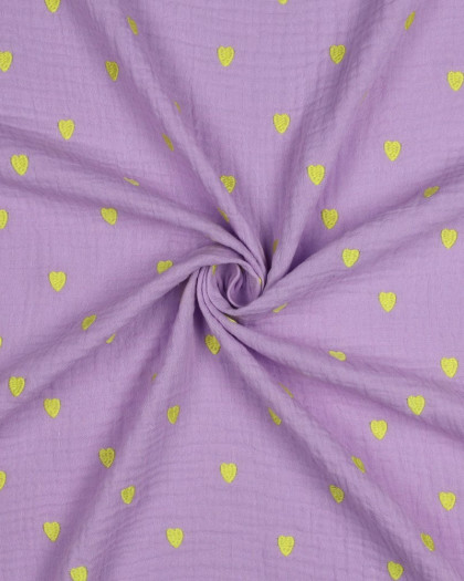 Tissu Double Gaze Brodé Lilas Cœur Jaune Fluo - Mercerine