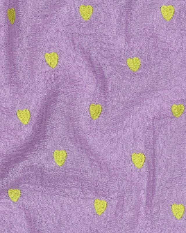 Tissu Double Gaze Brodé Lilas Cœur Jaune Fluo - Mercerine