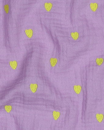 Tissu Double Gaze Brodé Lilas Cœur Jaune Fluo - Mercerine