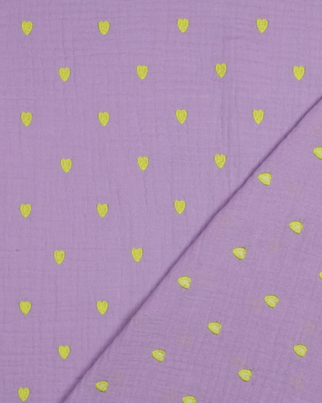 Tissu Double Gaze Brodé Lilas Cœur Jaune Fluo - Mercerine