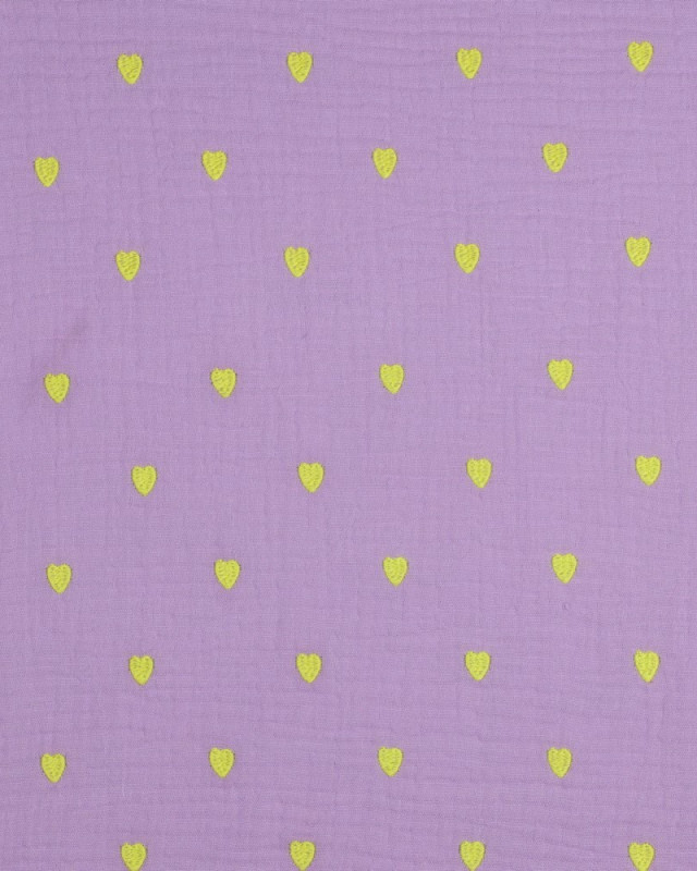Tissu Double Gaze Brodé Lilas Cœur Jaune Fluo - Mercerine