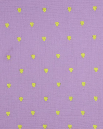 Tissu Double Gaze Brodé Lilas Cœur Jaune Fluo - Mercerine