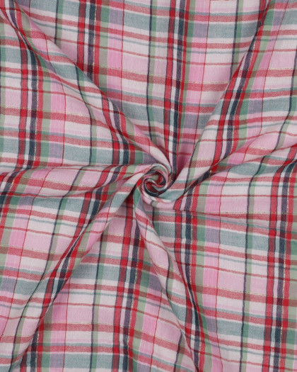 Tissu Double Gaze à Carreaux Rose Touche Lurex Doré - Mercerine