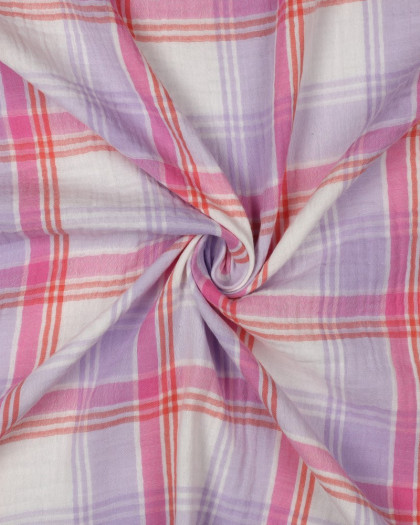 Tissu Double Gaze à Carreaux Tartan Roses et Lilas - Mercerine