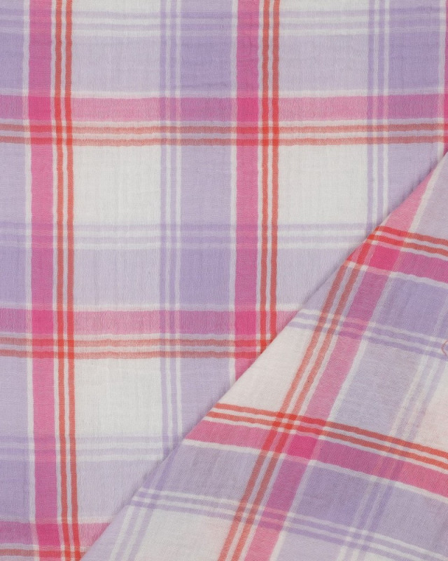 Tissu Double Gaze à Carreaux Tartan Roses et Lilas - Mercerine