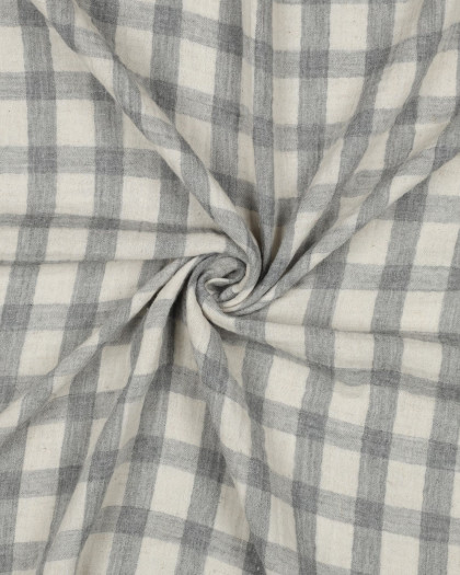 Tissu Double Gaze Coton Lin Carreaux Gris Fond Naturel - Mercerine