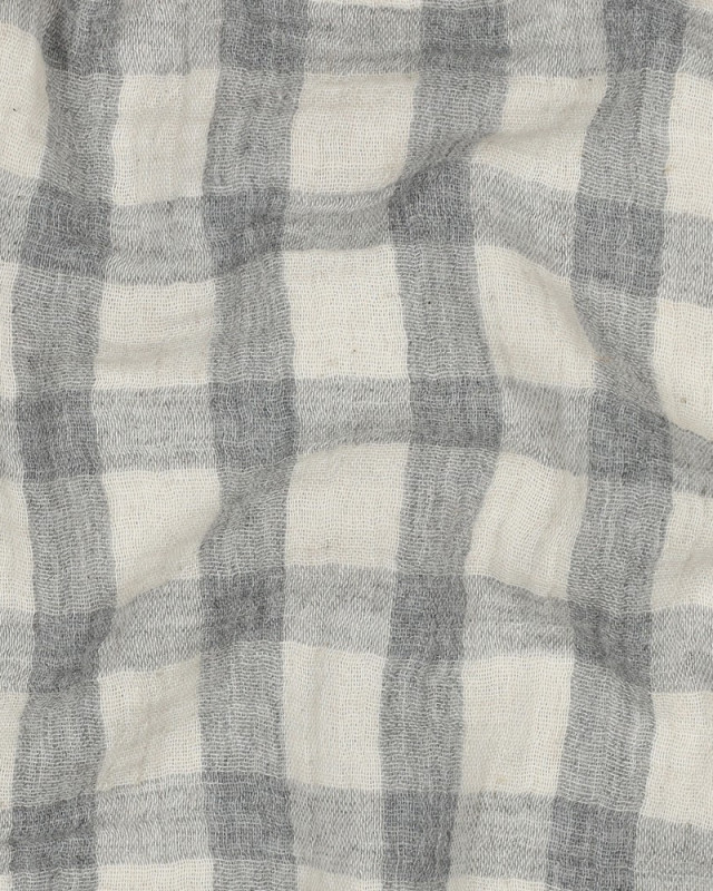 Tissu Double Gaze Coton Lin Carreaux Gris Fond Naturel - Mercerine