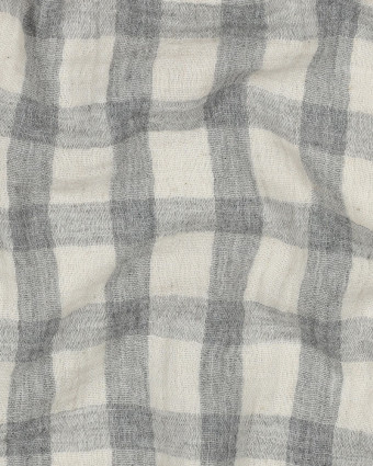 Tissu Double Gaze Coton Lin Carreaux Gris Fond Naturel - Mercerine