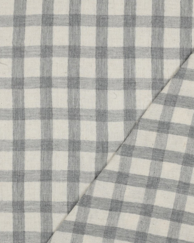 Tissu Double Gaze Coton Lin Carreaux Gris Fond Naturel - Mercerine