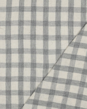 Tissu Double Gaze Coton Lin Carreaux Gris Fond Naturel - Mercerine