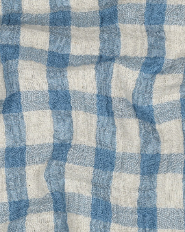 Tissu Double Gaze Coton Lin Carreaux Bleus Fond Naturel - Mercerine