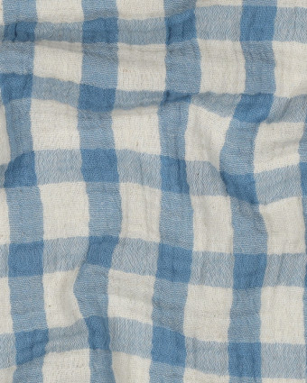 Tissu Double Gaze Coton Lin Carreaux Bleus Fond Naturel - Mercerine