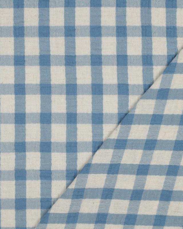 Tissu Double Gaze Coton Lin Carreaux Bleus Fond Naturel - Mercerine