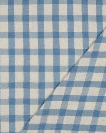 Tissu Double Gaze Coton Lin Carreaux Bleus Fond Naturel - Mercerine