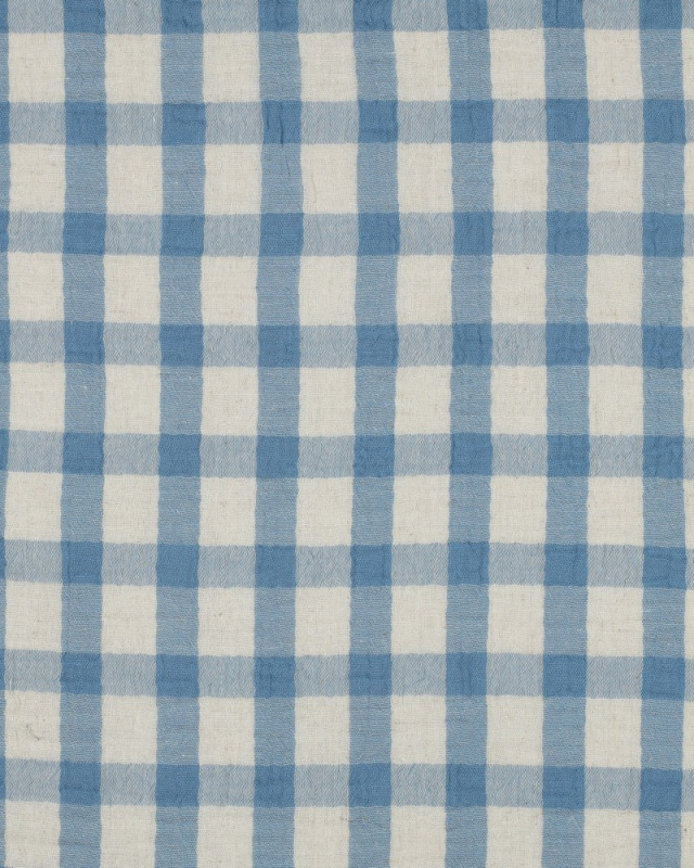 Tissu Double Gaze Coton Lin Carreaux Bleus Fond Naturel - Mercerine