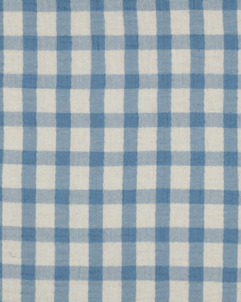 Tissu Double Gaze Coton Lin Carreaux Bleus Fond Naturel - Mercerine