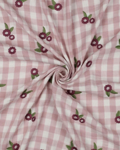 Double Gaze Motif Vichy Light Mauve Fleurs Brodées - Mercerine